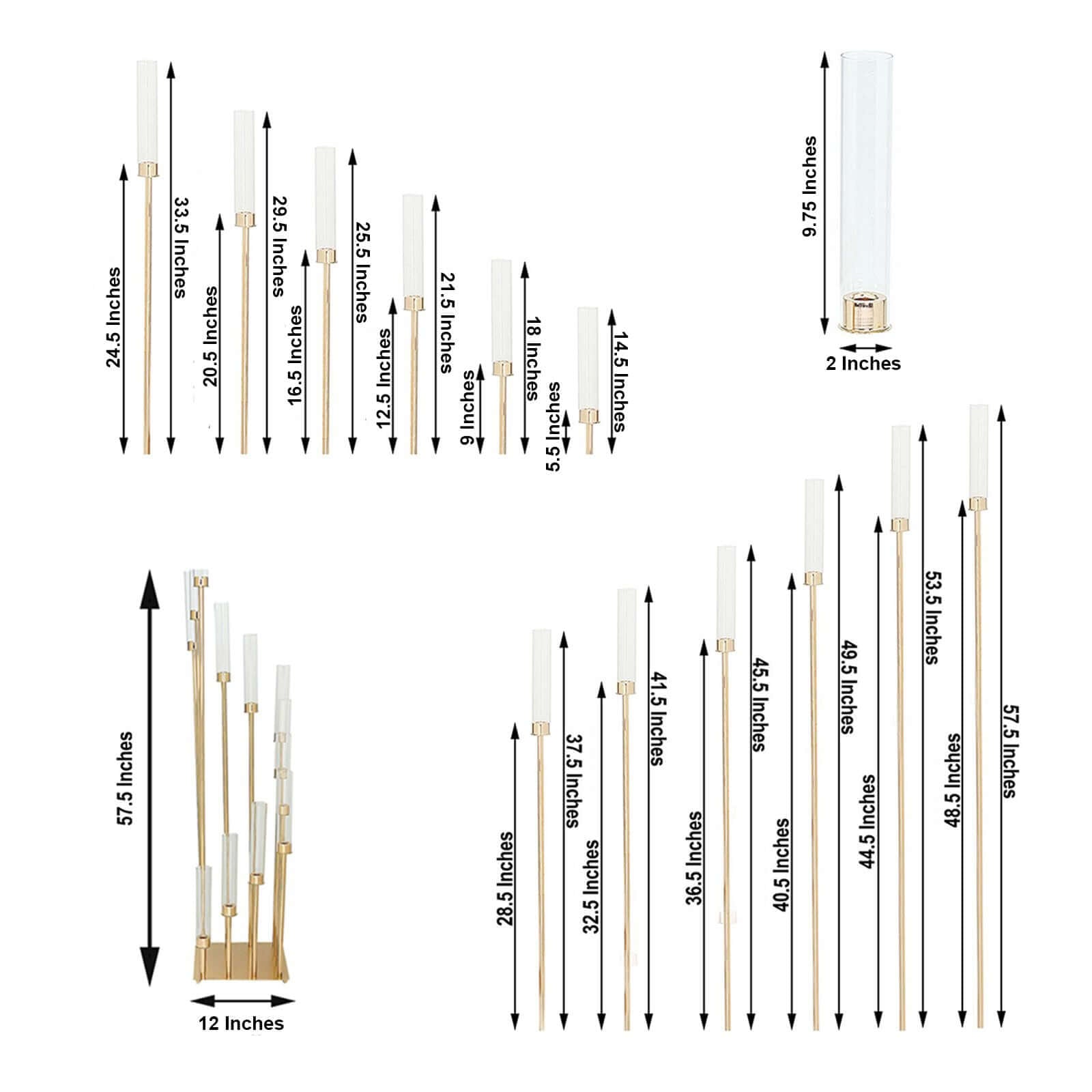 12 - Arm Cluster Taper Candle Holder Gold with Clear Glass Shades - Grand Candle Arrangement for Events 57" - Linen Luxes