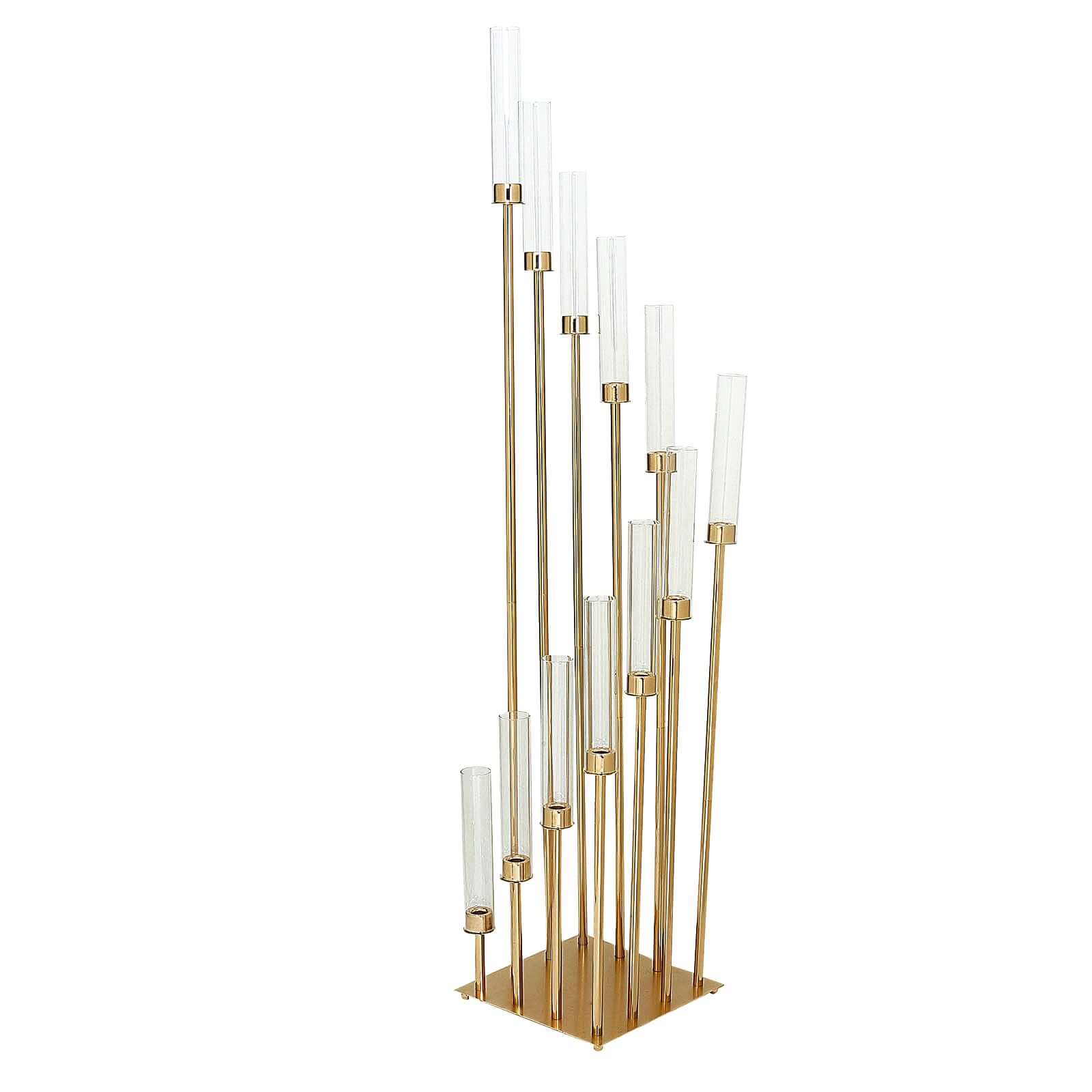 12 - Arm Cluster Taper Candle Holder Gold with Clear Glass Shades - Grand Candle Arrangement for Events 57" - Linen Luxes