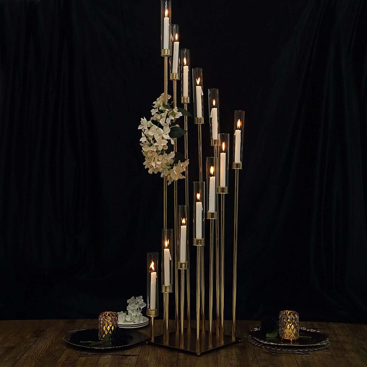 12 - Arm Cluster Taper Candle Holder Gold with Clear Glass Shades - Grand Candle Arrangement for Events 57" - Linen Luxes