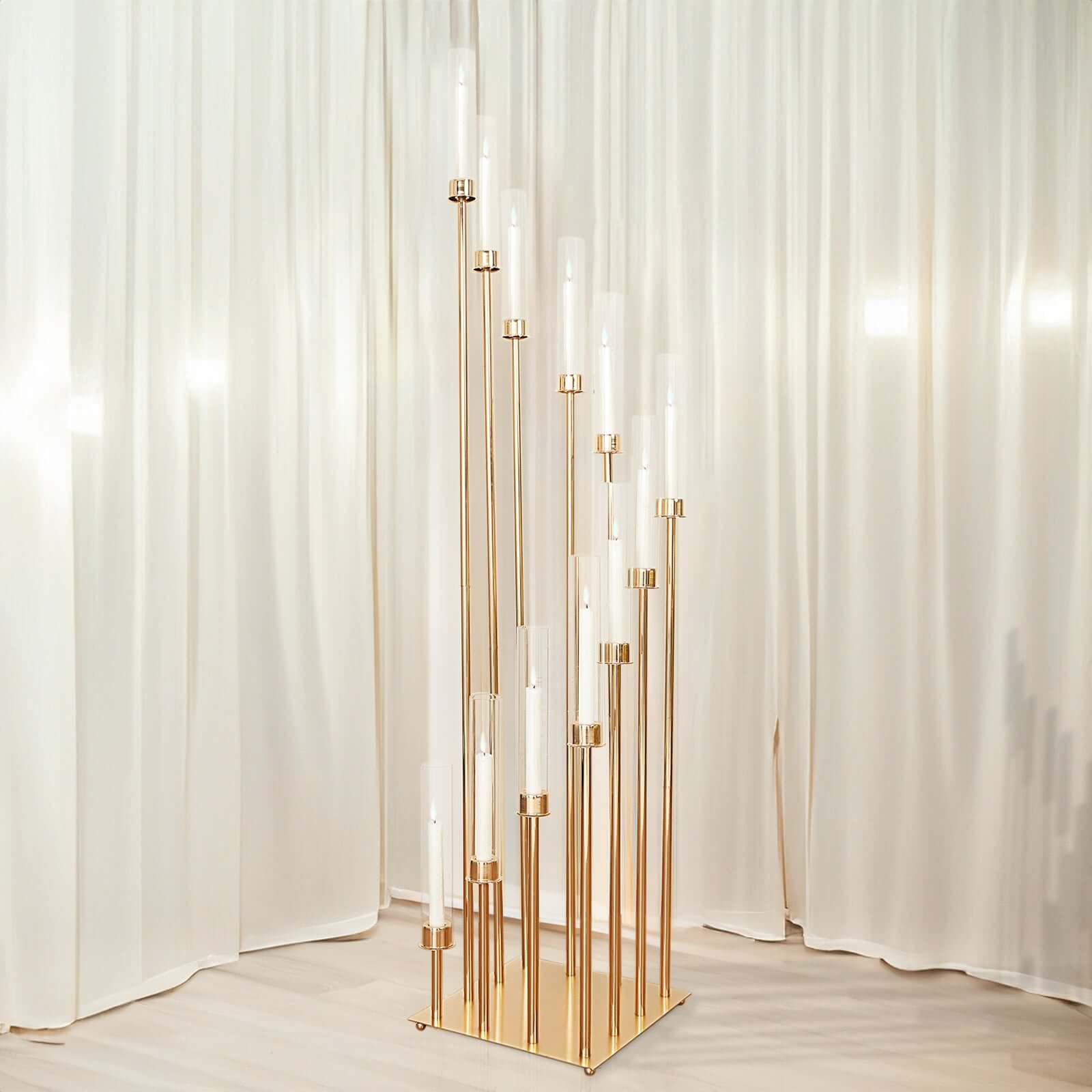 12 - Arm Cluster Taper Candle Holder Gold with Clear Glass Shades - Grand Candle Arrangement for Events 57" - Linen Luxes