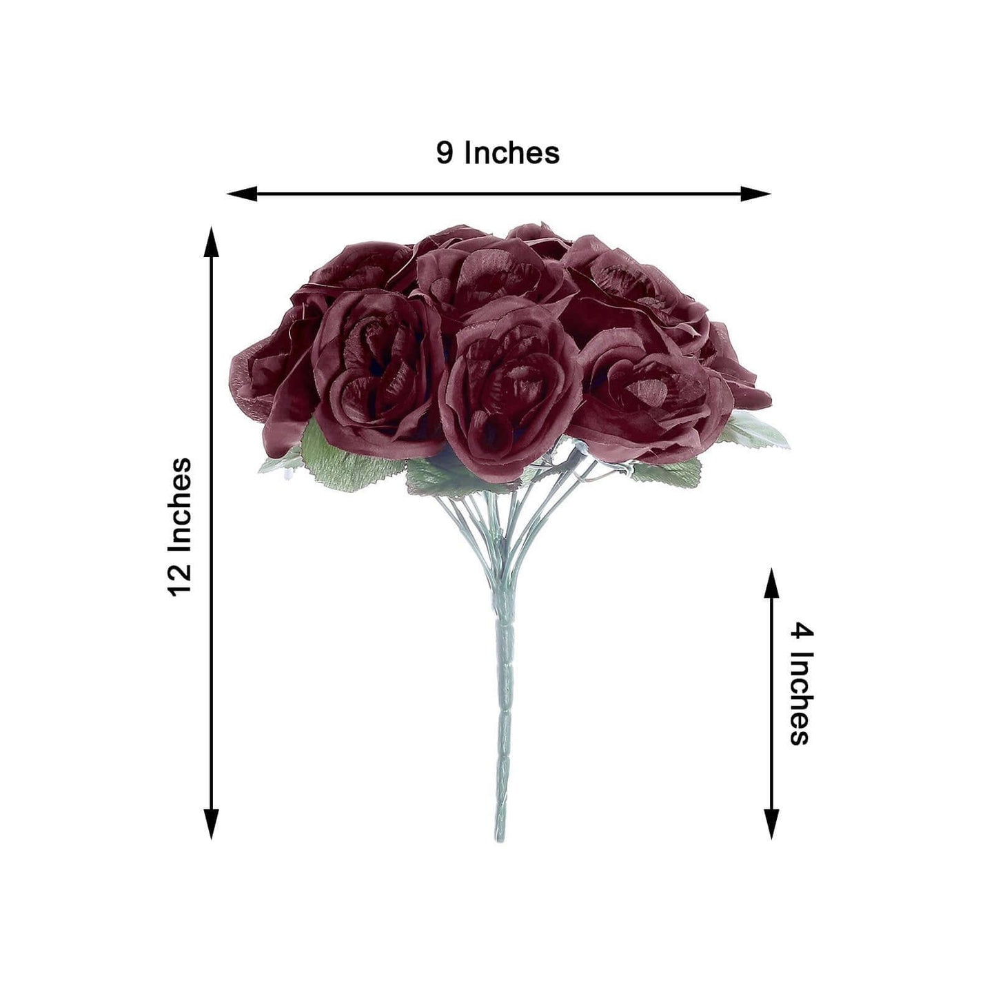12" Burgundy Artificial Velvet - Like Fabric Rose Flower Bouquet Bush - Linen Luxes