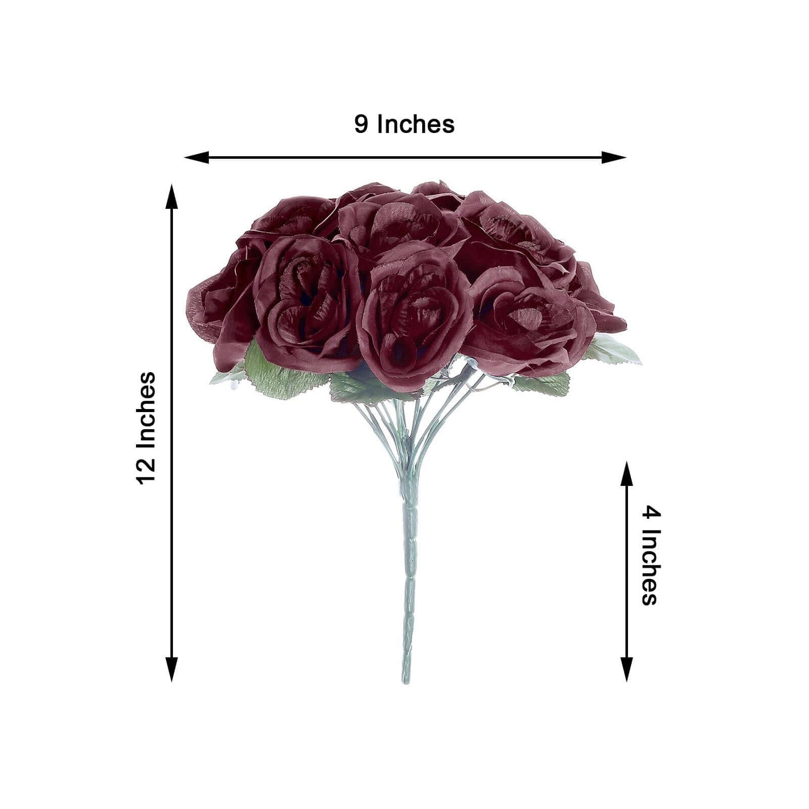 12" Burgundy Artificial Velvet - Like Fabric Rose Flower Bouquet Bush - Linen Luxes