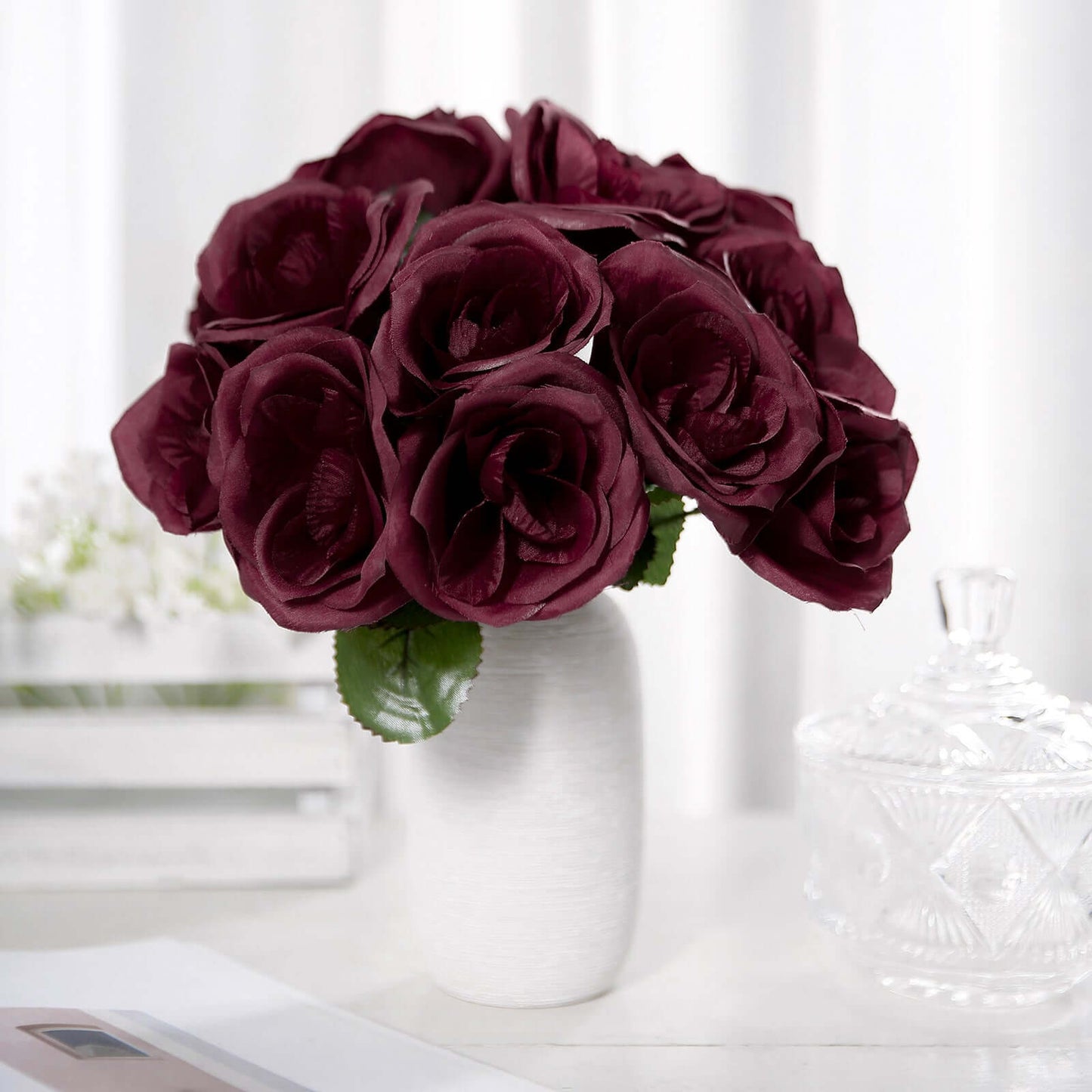 12" Burgundy Artificial Velvet - Like Fabric Rose Flower Bouquet Bush - Linen Luxes
