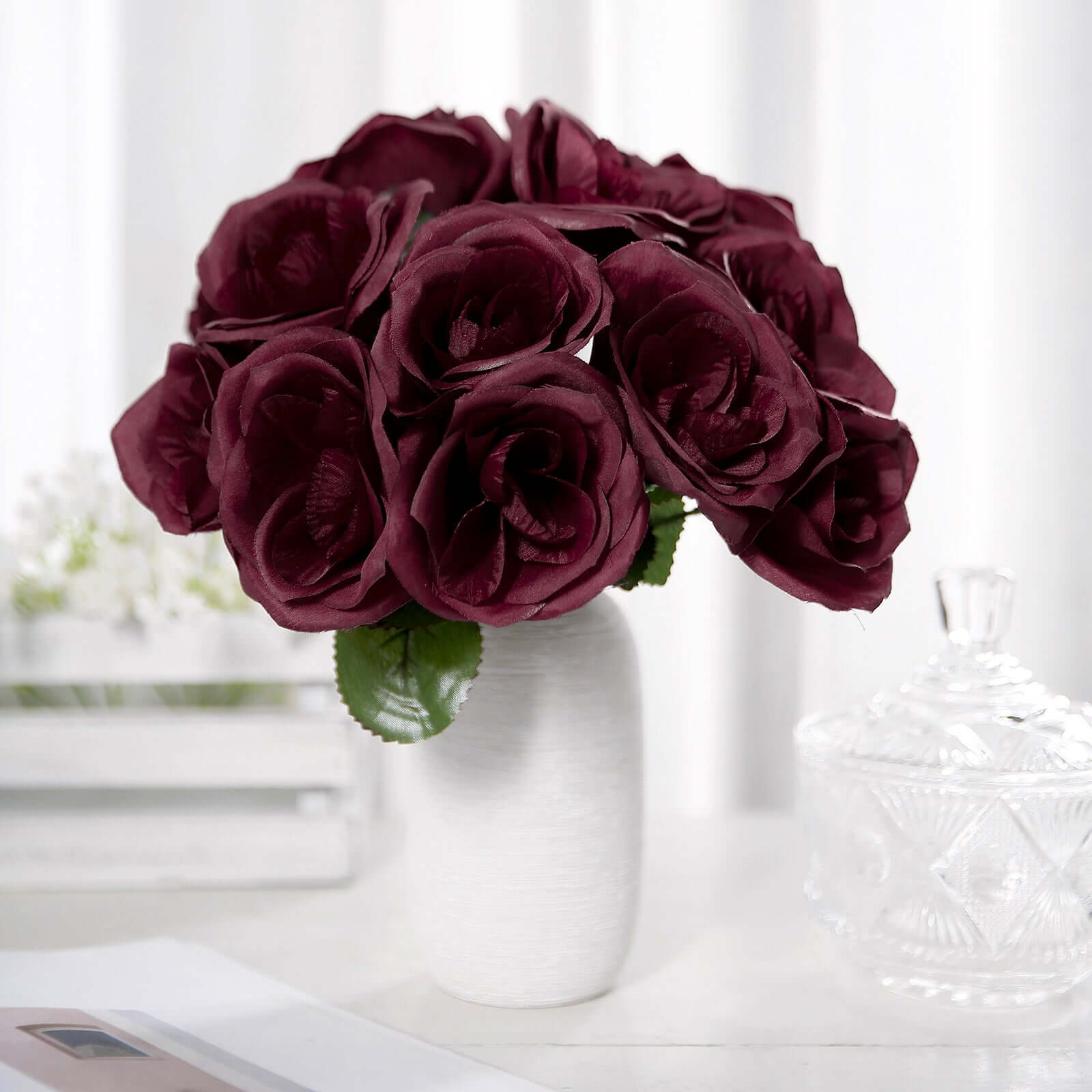 12" Burgundy Artificial Velvet - Like Fabric Rose Flower Bouquet Bush - Linen Luxes