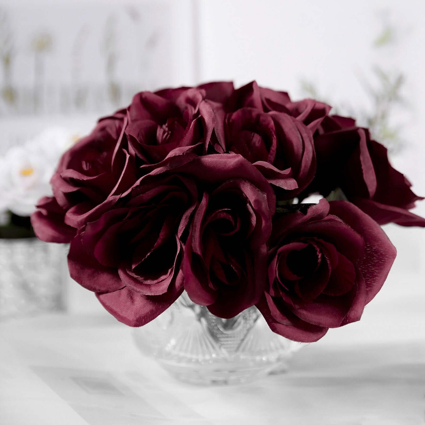 12" Burgundy Artificial Velvet - Like Fabric Rose Flower Bouquet Bush - Linen Luxes