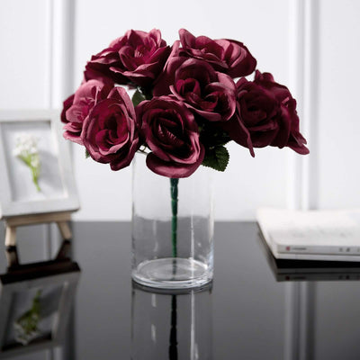 12" Burgundy Artificial Velvet - Like Fabric Rose Flower Bouquet Bush - Linen Luxes