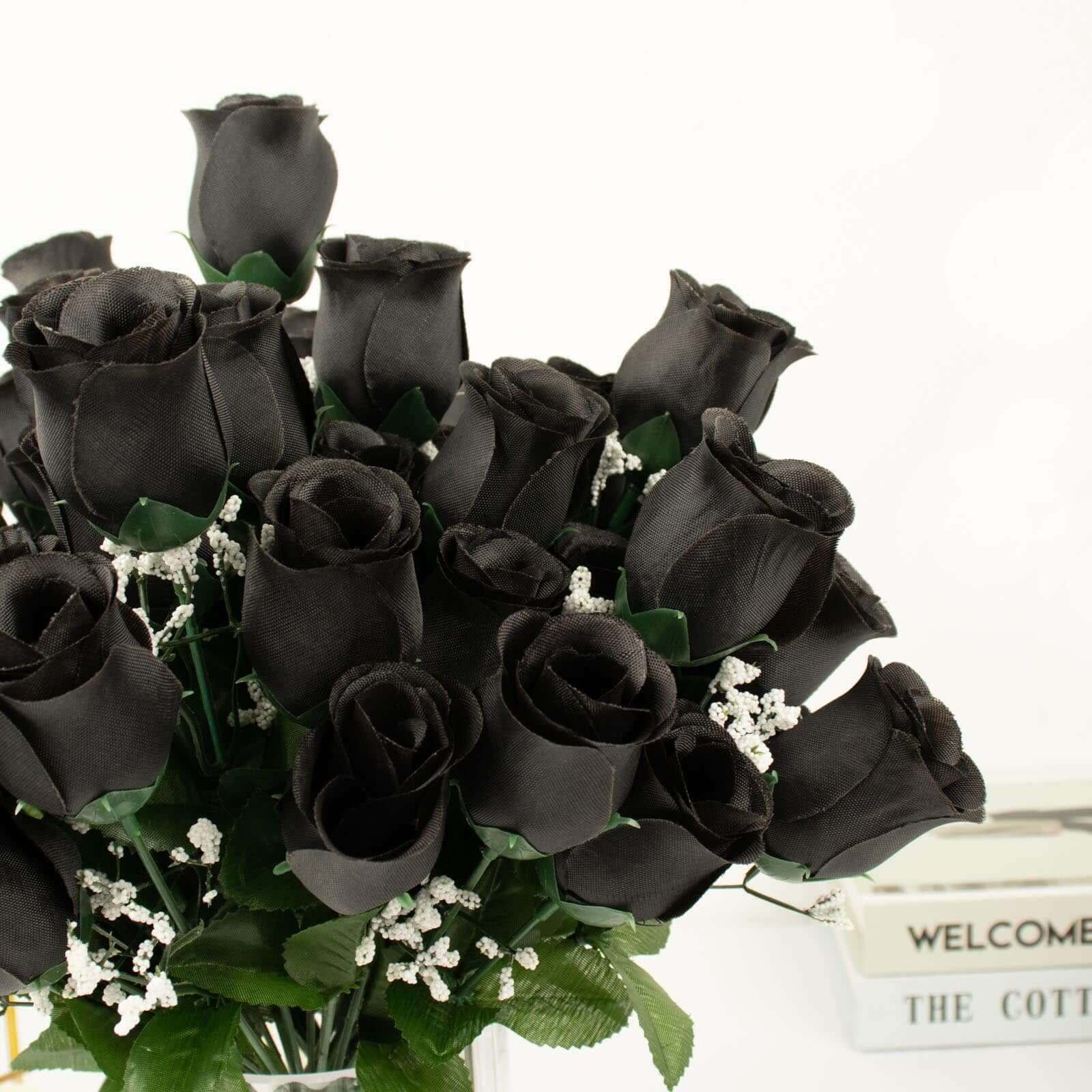 12 Bushes Black Artificial Premium Silk Flower Rose Bud Bouquets - Linen Luxes