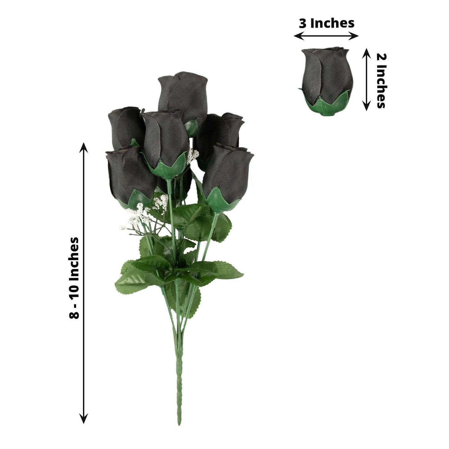 12 Bushes Black Artificial Premium Silk Flower Rose Bud Bouquets - Linen Luxes
