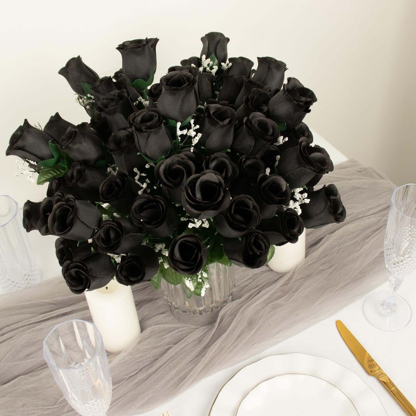 12 Bushes Black Artificial Premium Silk Flower Rose Bud Bouquets - Linen Luxes