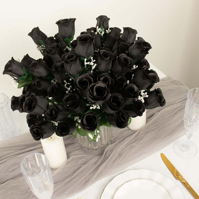12 Bushes Black Artificial Premium Silk Flower Rose Bud Bouquets - Linen Luxes