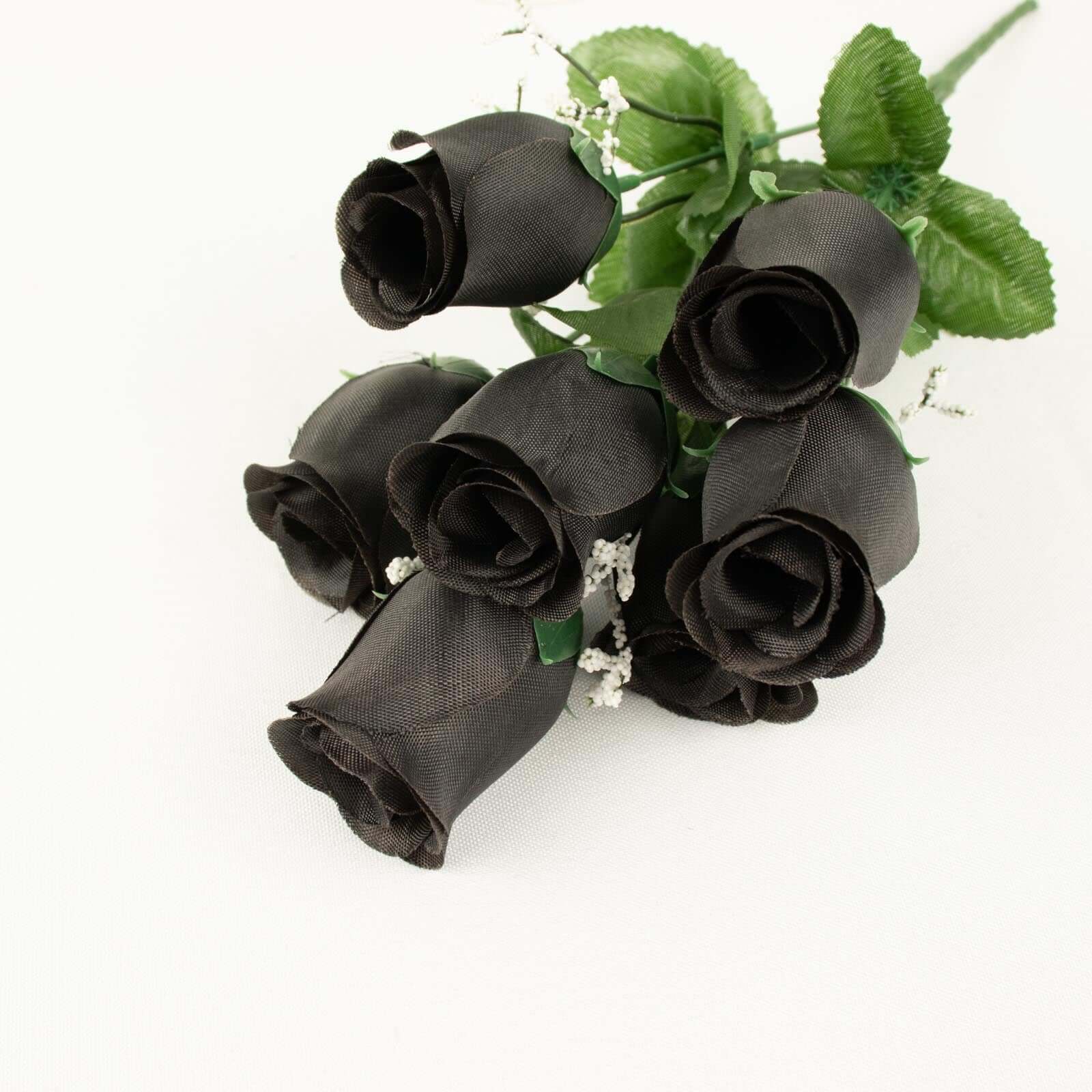 12 Bushes Black Artificial Premium Silk Flower Rose Bud Bouquets - Linen Luxes