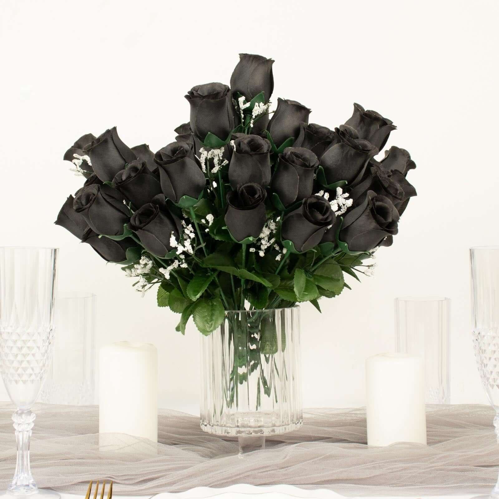 12 Bushes Black Artificial Premium Silk Flower Rose Bud Bouquets - Linen Luxes