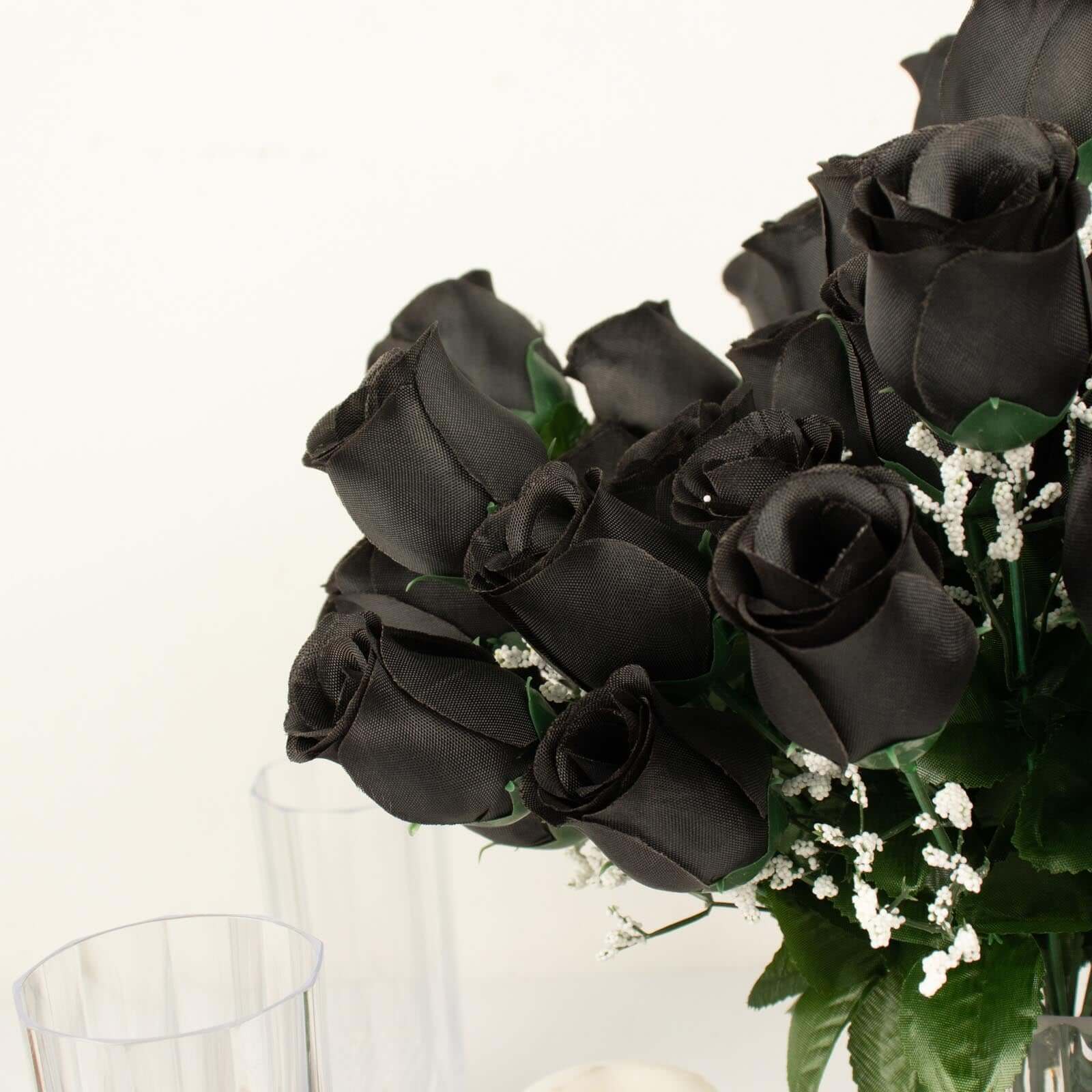 12 Bushes Black Artificial Premium Silk Flower Rose Bud Bouquets - Linen Luxes