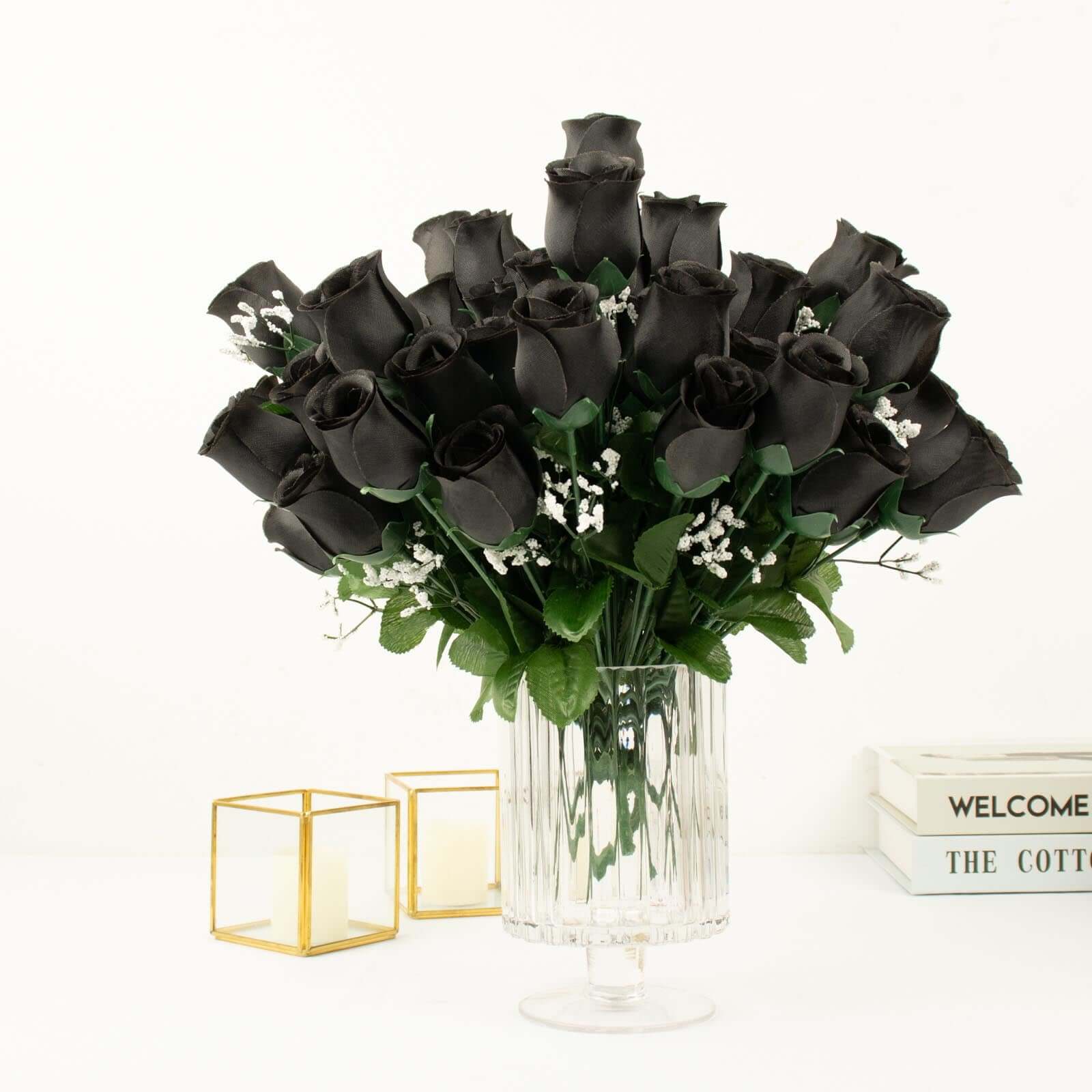 12 Bushes Black Artificial Premium Silk Flower Rose Bud Bouquets - Linen Luxes