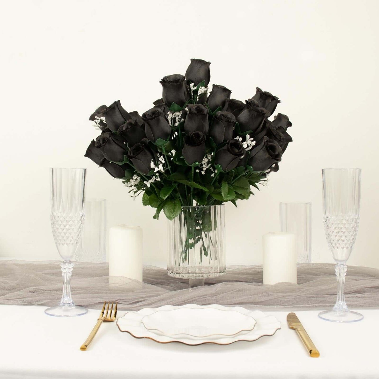 12 Bushes Black Artificial Premium Silk Flower Rose Bud Bouquets - Linen Luxes