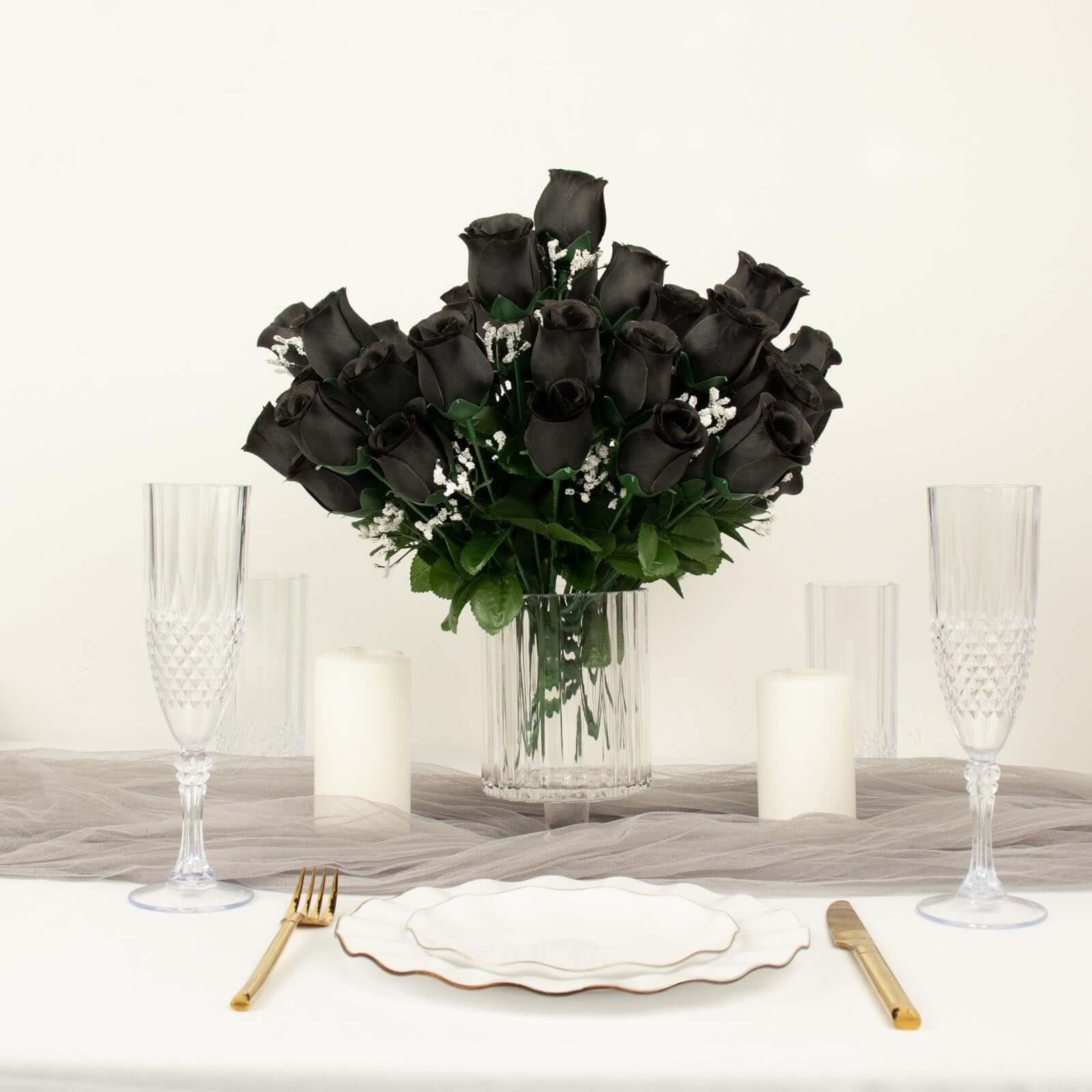 12 Bushes Black Artificial Premium Silk Flower Rose Bud Bouquets - Linen Luxes