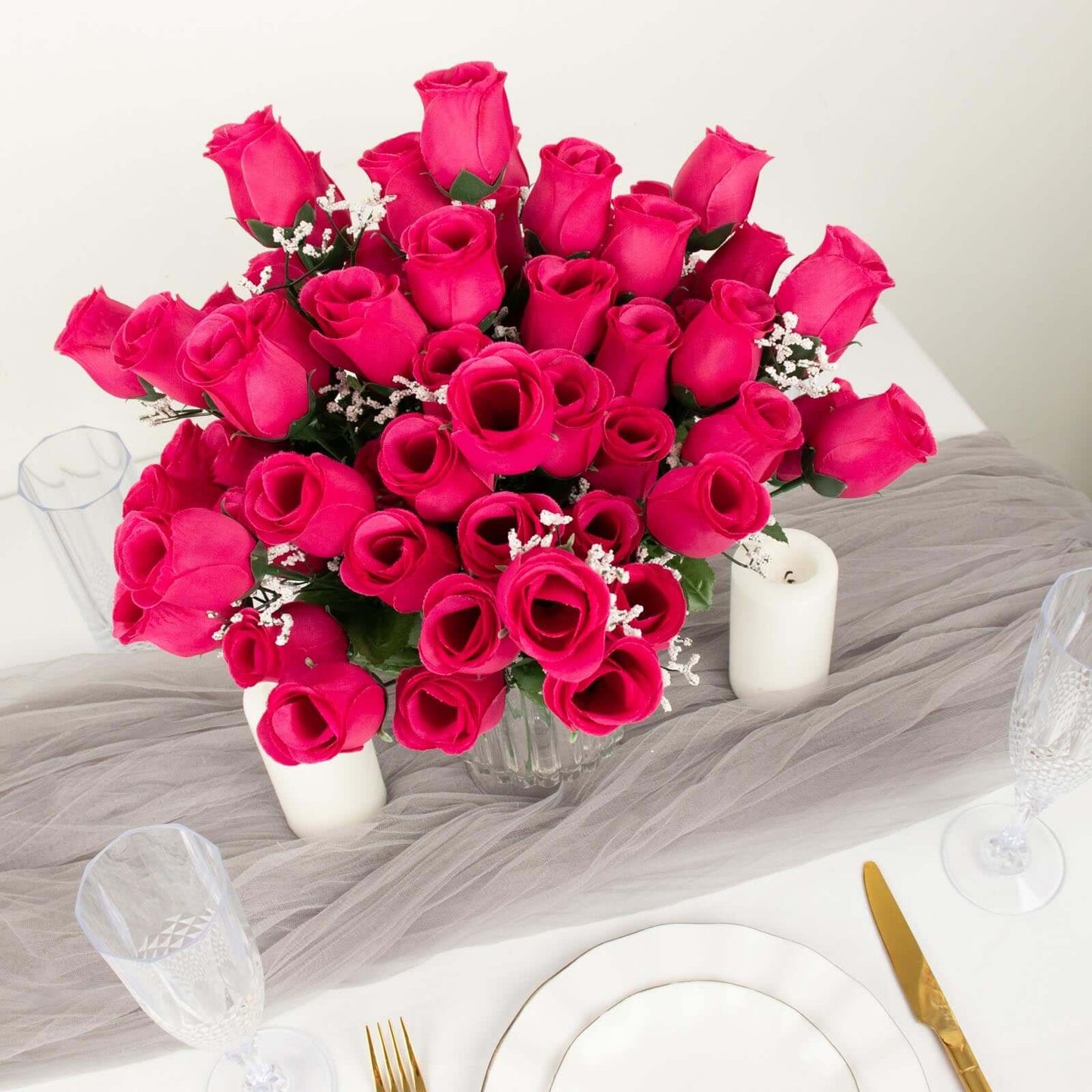 12 Bushes Fuchsia Artificial Premium Silk Flower Rose Bud Bouquets - Linen Luxes