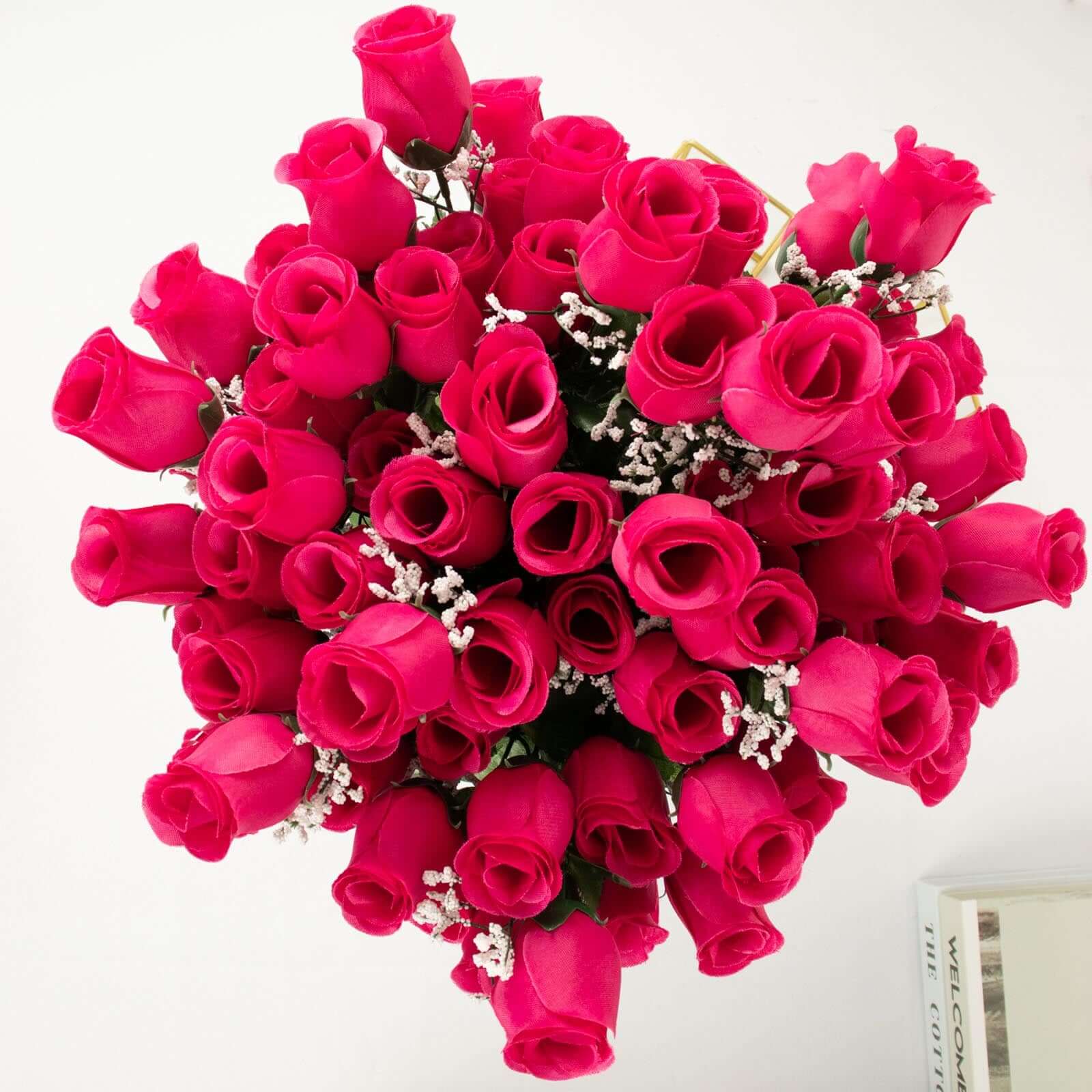 12 Bushes Fuchsia Artificial Premium Silk Flower Rose Bud Bouquets - Linen Luxes