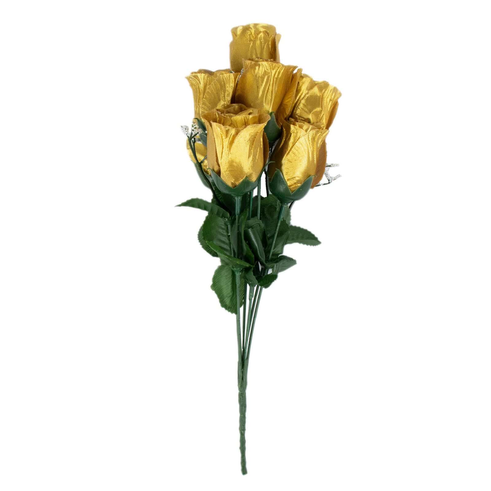 12 Bushes Gold Artificial Premium Silk Flower Rose Bud Bouquets - Linen Luxes