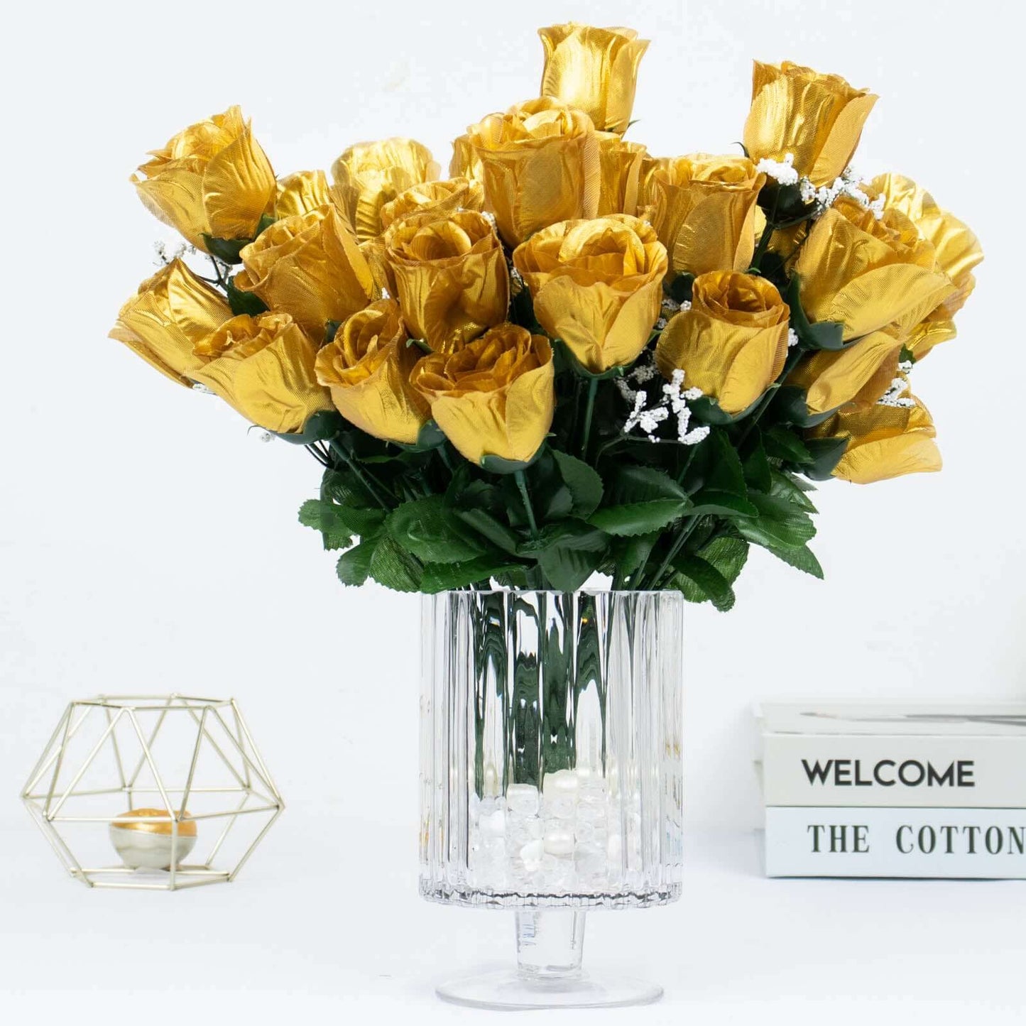 12 Bushes Gold Artificial Premium Silk Flower Rose Bud Bouquets - Linen Luxes