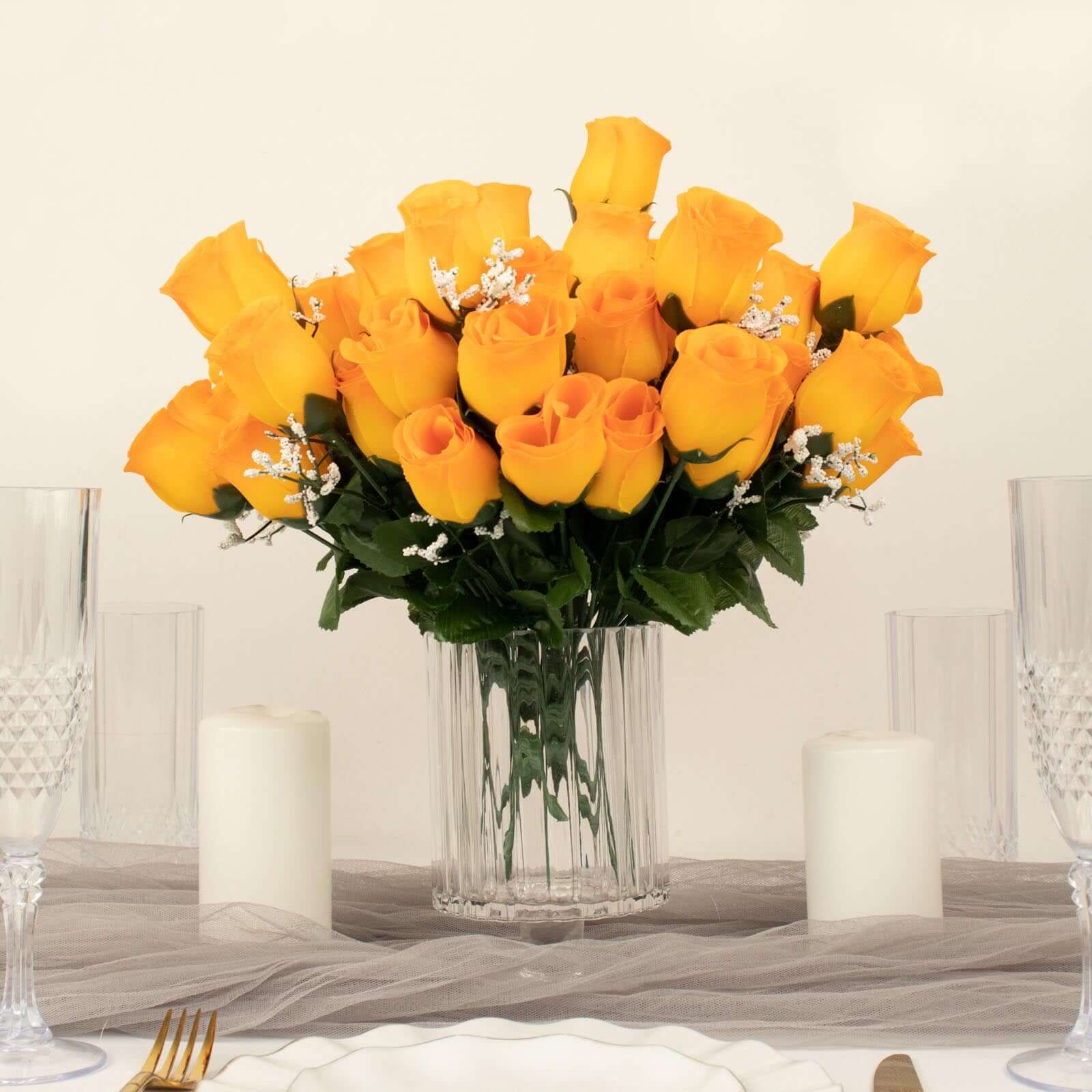 12 Bushes Orange Artificial Premium Silk Flower Rose Bud Bouquets - Linen Luxes