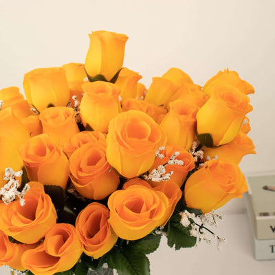 12 Bushes Orange Artificial Premium Silk Flower Rose Bud Bouquets - Linen Luxes