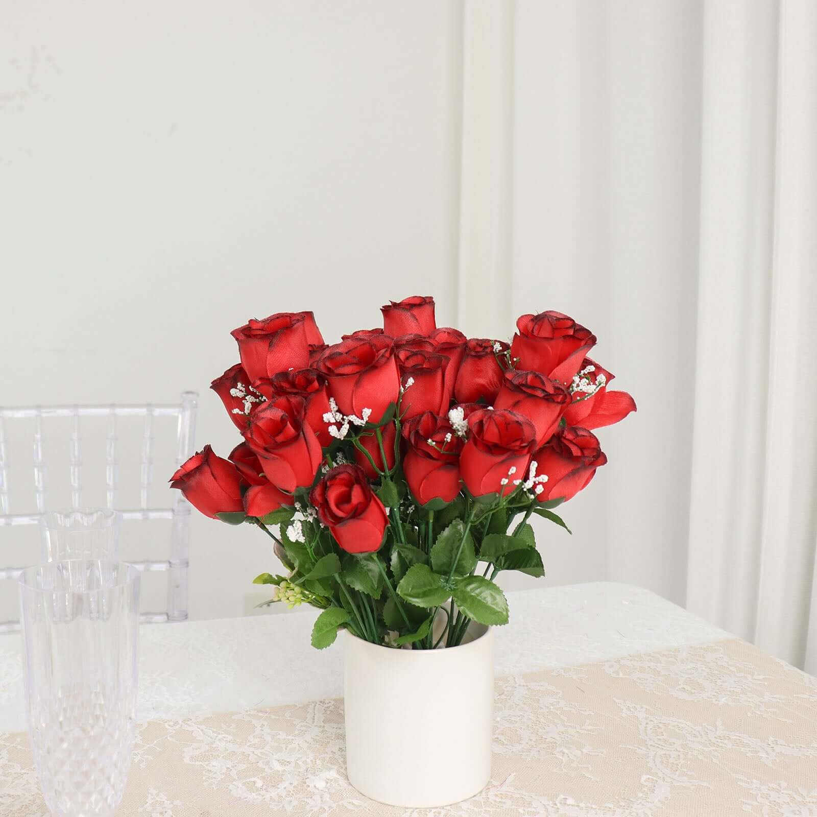 12 Bushes Red, Black Artificial Premium Silk Flower Rose Bud Bouquets - Linen Luxes