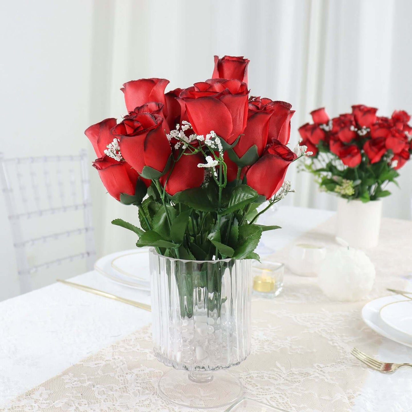 12 Bushes Red, Black Artificial Premium Silk Flower Rose Bud Bouquets - Linen Luxes