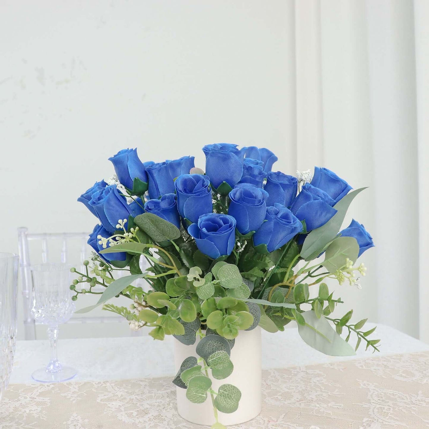 12 Bushes Royal Blue Artificial Premium Silk Flower Rose Bud Bouquets - Linen Luxes