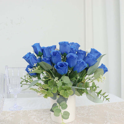 12 Bushes Royal Blue Artificial Premium Silk Flower Rose Bud Bouquets - Linen Luxes