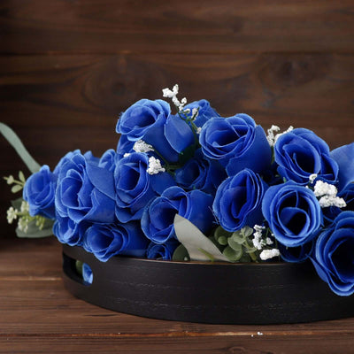 12 Bushes Royal Blue Artificial Premium Silk Flower Rose Bud Bouquets - Linen Luxes