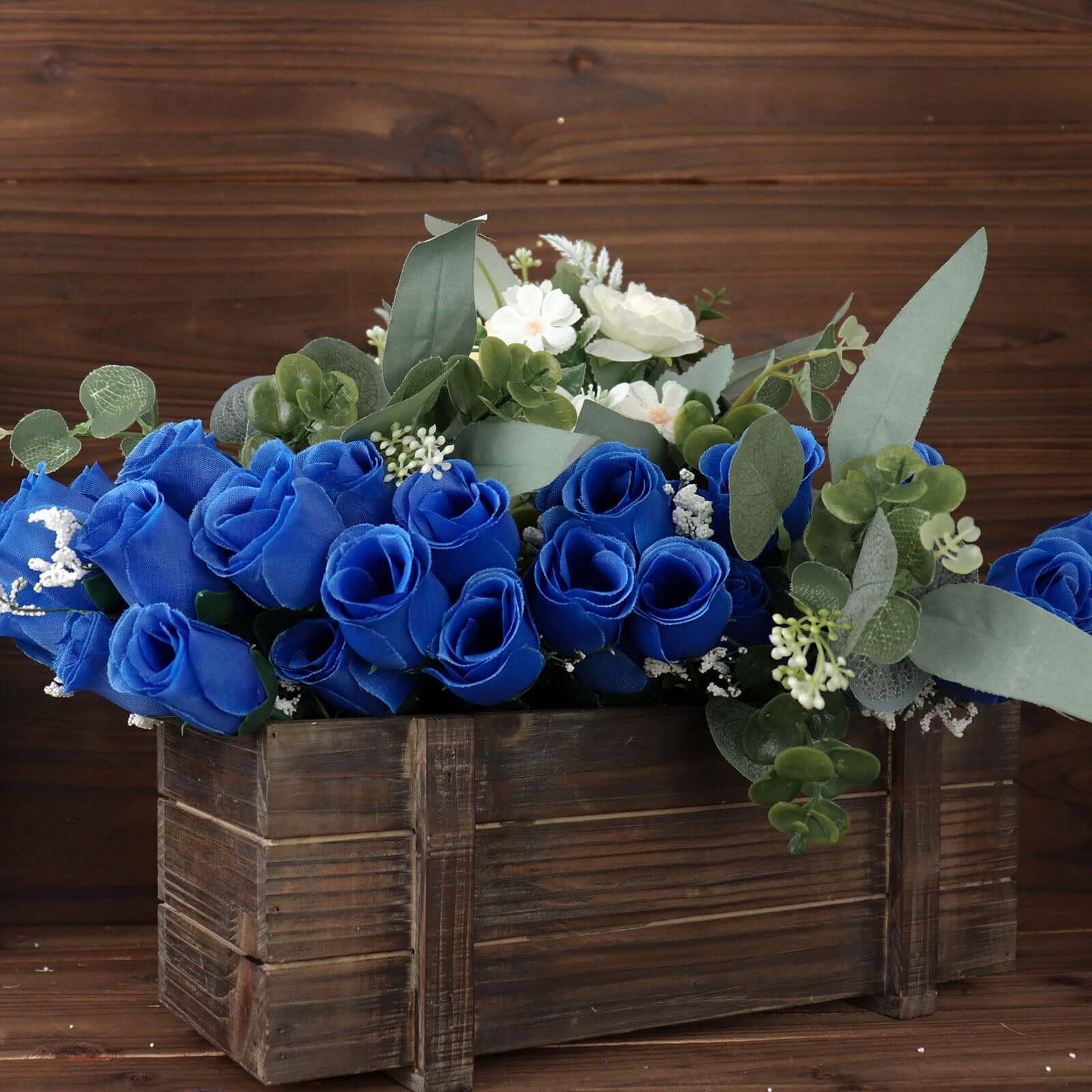 12 Bushes Royal Blue Artificial Premium Silk Flower Rose Bud Bouquets - Linen Luxes