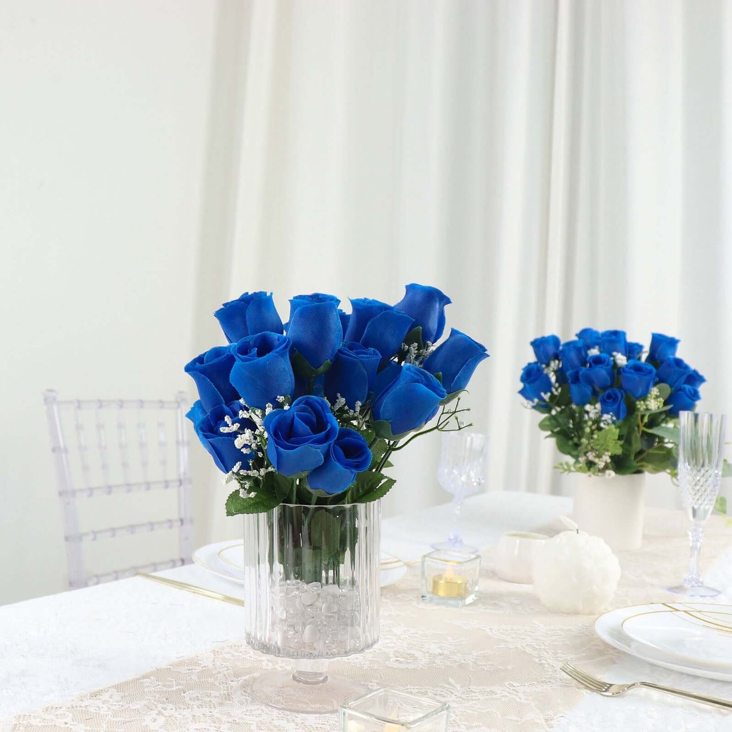 12 Bushes Royal Blue Artificial Premium Silk Flower Rose Bud Bouquets - Linen Luxes