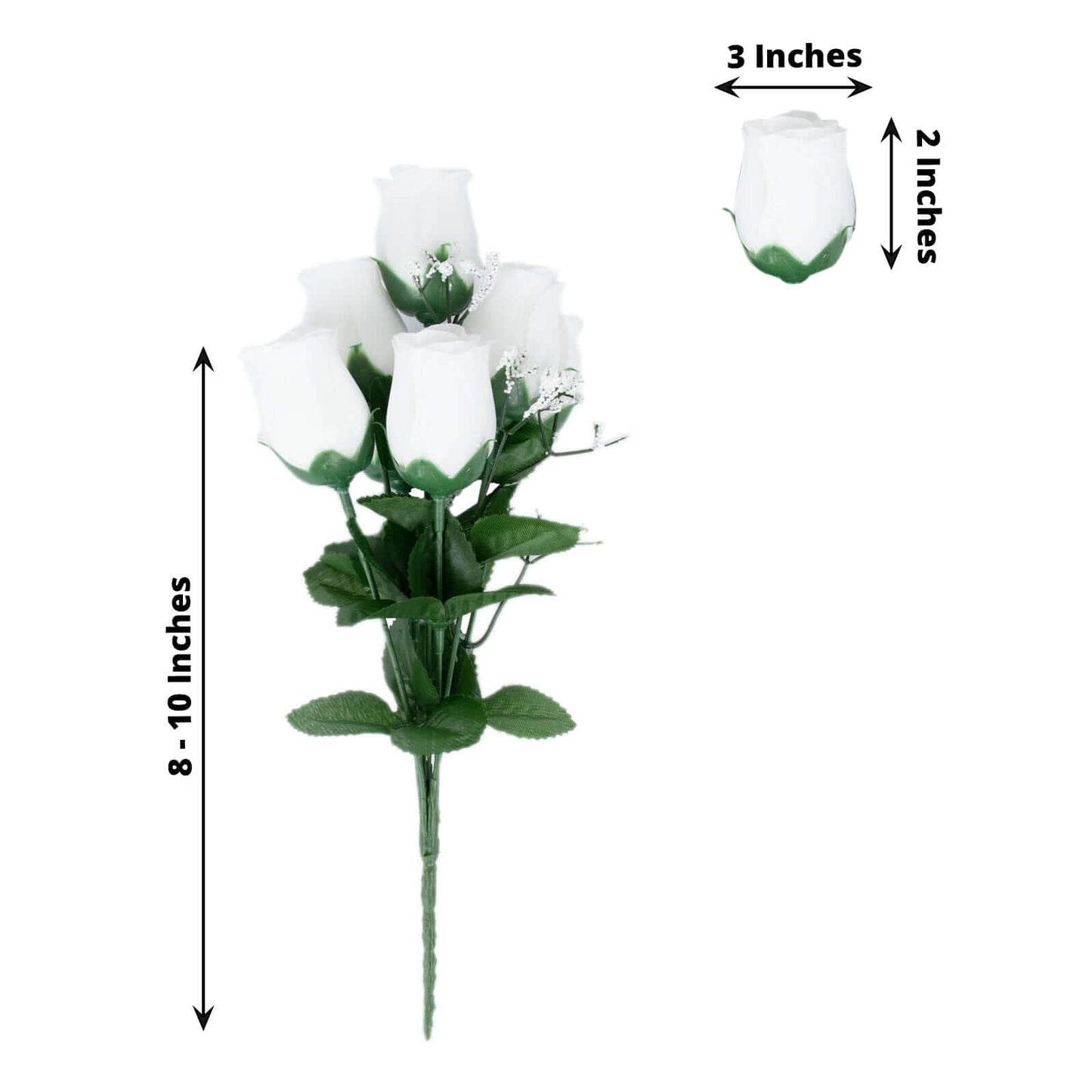 12 Bushes White Artificial Premium Silk Flower Rose Bud Bouquets - Linen Luxes
