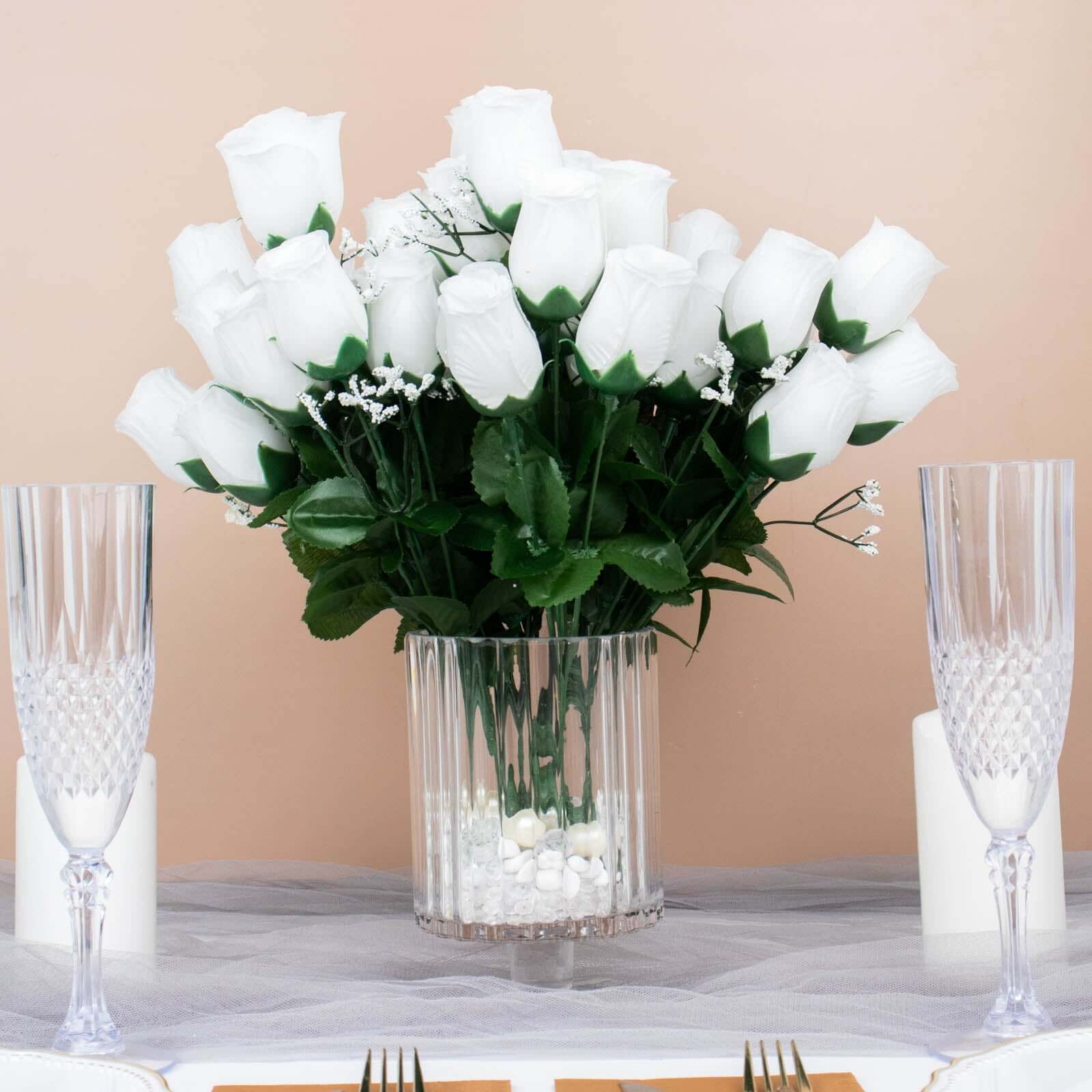 12 Bushes White Artificial Premium Silk Flower Rose Bud Bouquets - Linen Luxes