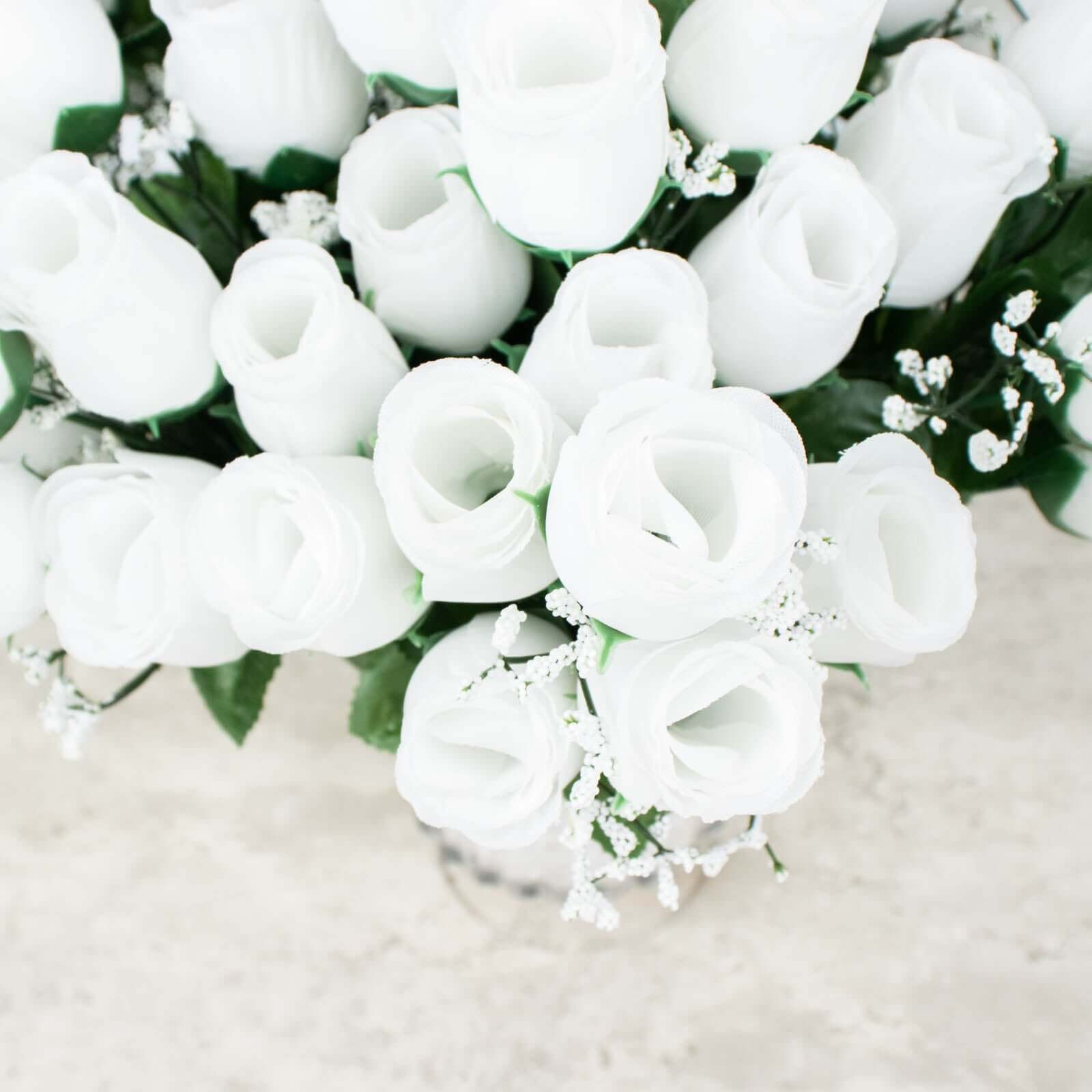 12 Bushes White Artificial Premium Silk Flower Rose Bud Bouquets - Linen Luxes