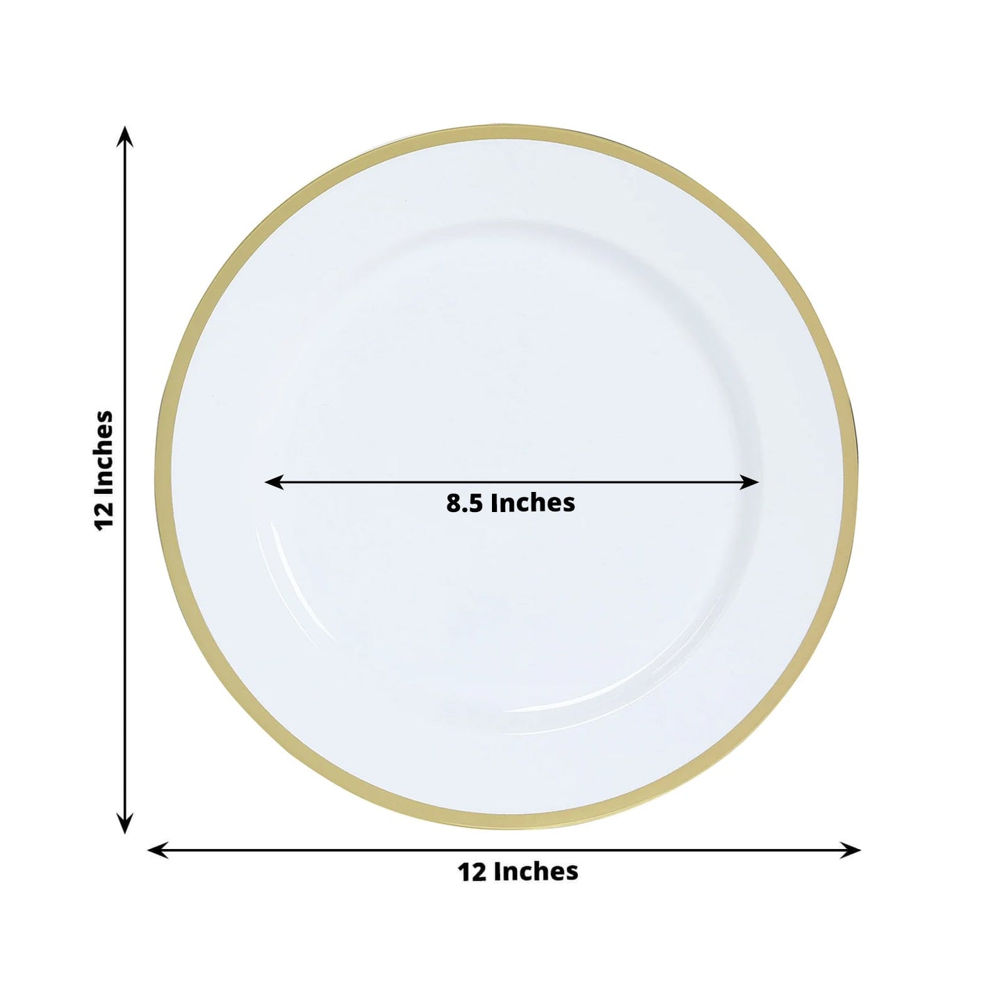 10-Pack Economy Plastic Round Charger Plates 12" in White with Wide Gold Rim, Decorative Dinner Party Serving Plates