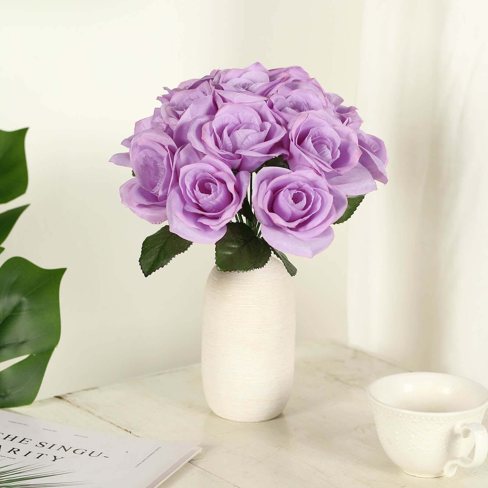 12" Lavender Lilac Artificial Velvet - Like Fabric Rose Flower Bouquet Bush - Linen Luxes