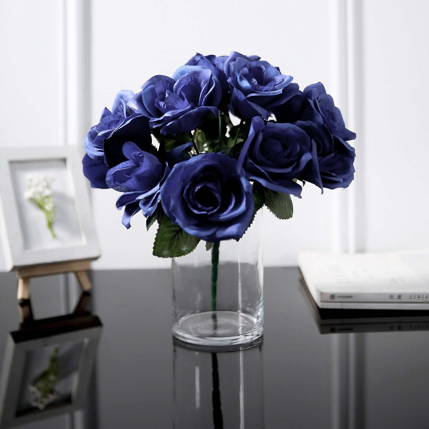 12" Navy Blue Artificial Velvet - Like Fabric Rose Flower Bouquet Bush - Linen Luxes