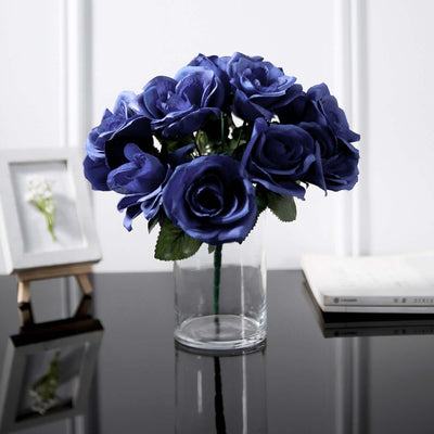 12" Navy Blue Artificial Velvet - Like Fabric Rose Flower Bouquet Bush - Linen Luxes