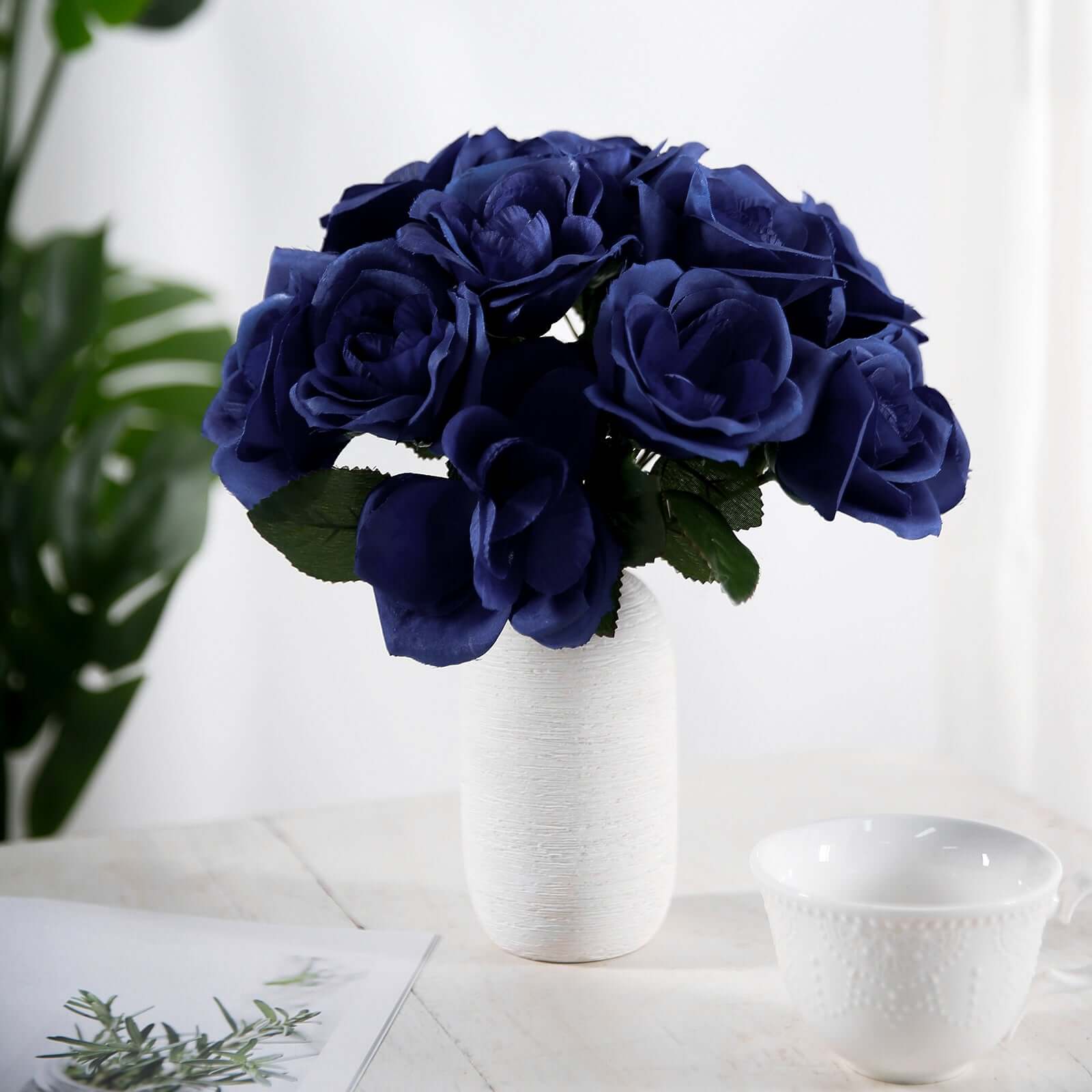 12" Navy Blue Artificial Velvet - Like Fabric Rose Flower Bouquet Bush - Linen Luxes
