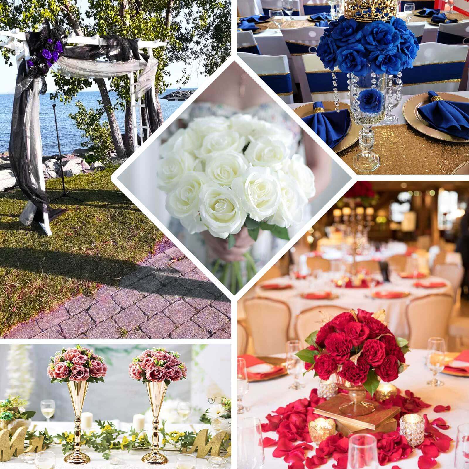 12" Navy Blue Artificial Velvet - Like Fabric Rose Flower Bouquet Bush - Linen Luxes