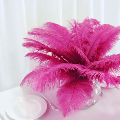 12 Pack 13" - 15" Fuchsia Natural Plume Real Ostrich Feathers, DIY Centerpiece Fillers - Linen Luxes