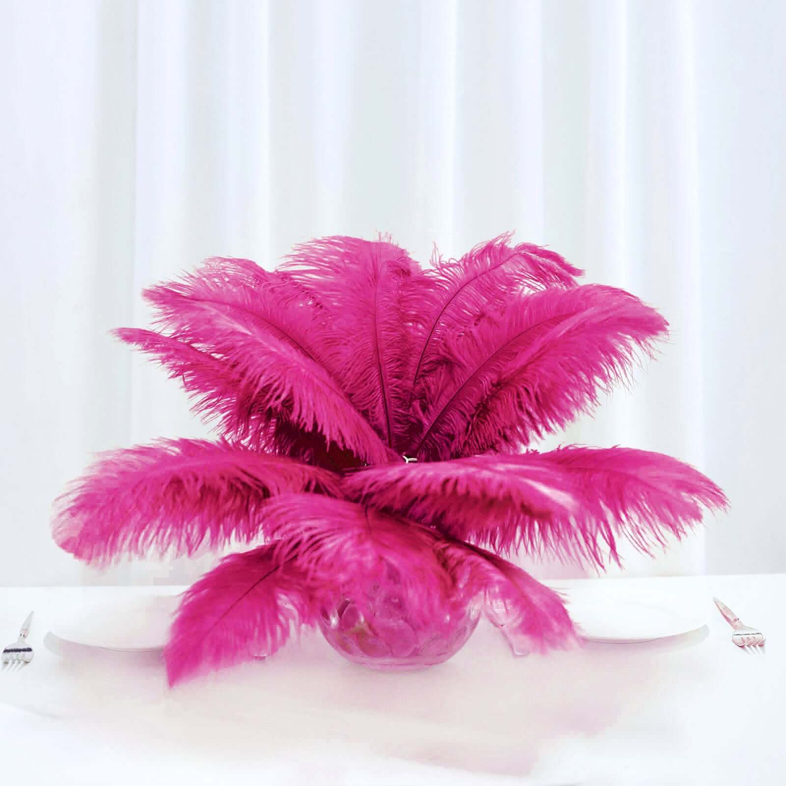 12 Pack 13" - 15" Fuchsia Natural Plume Real Ostrich Feathers, DIY Centerpiece Fillers - Linen Luxes