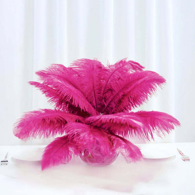 12 Pack 13" - 15" Fuchsia Natural Plume Real Ostrich Feathers, DIY Centerpiece Fillers - Linen Luxes