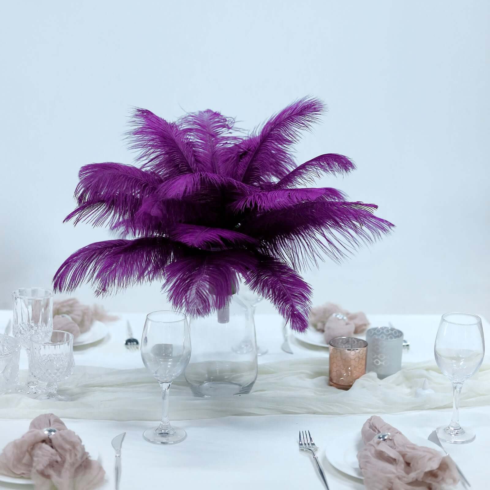 12 Pack 13" - 15" Purple Natural Plume Real Ostrich Feathers, DIY Centerpiece Fillers - Linen Luxes