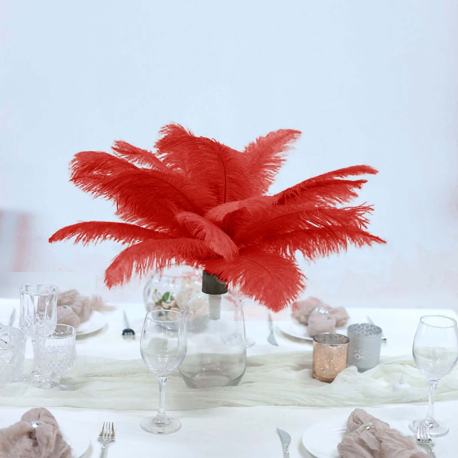 12 Pack 13" - 15" Red Natural Plume Real Ostrich Feathers, DIY Centerpiece Fillers - Linen Luxes