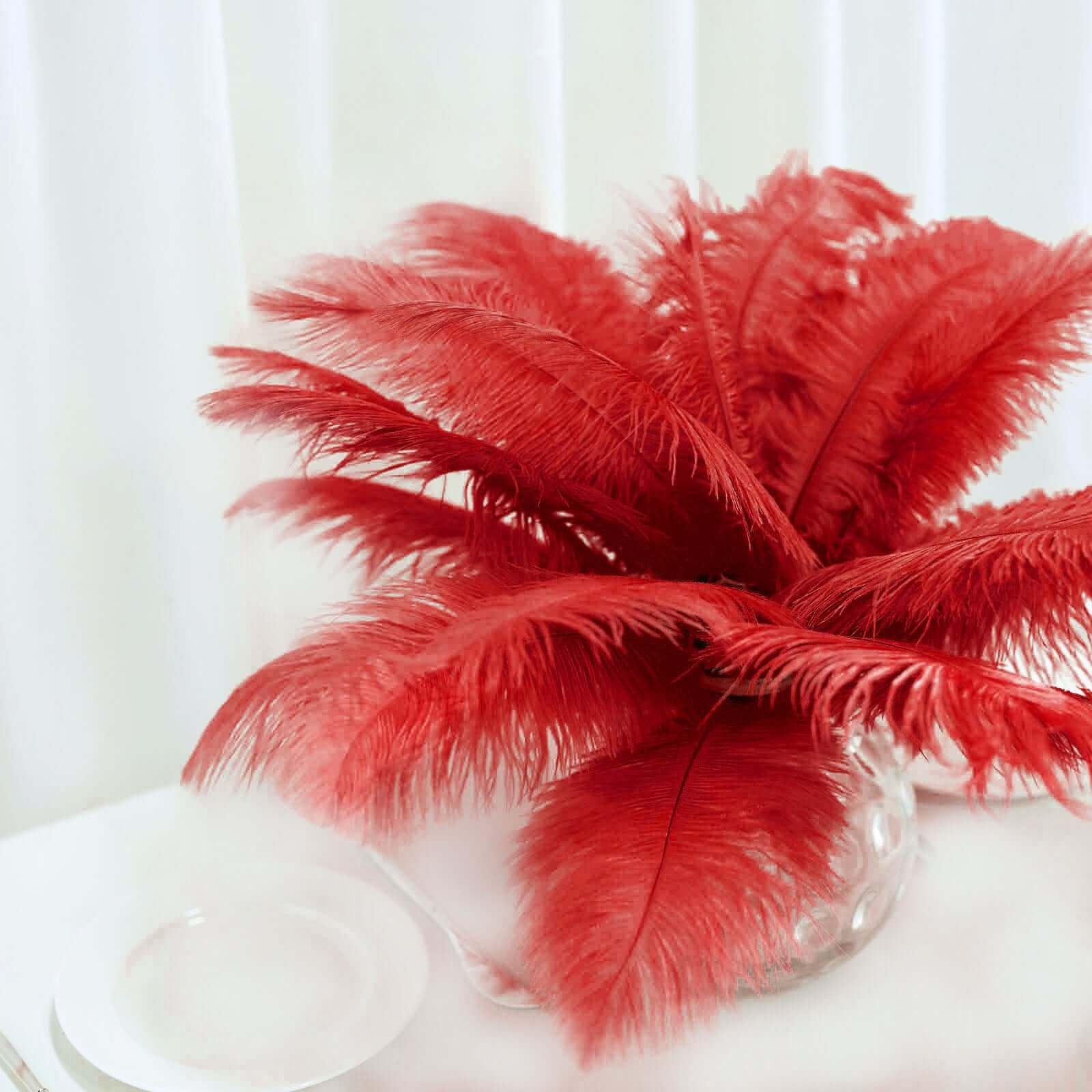 12 Pack 13" - 15" Red Natural Plume Real Ostrich Feathers, DIY Centerpiece Fillers - Linen Luxes