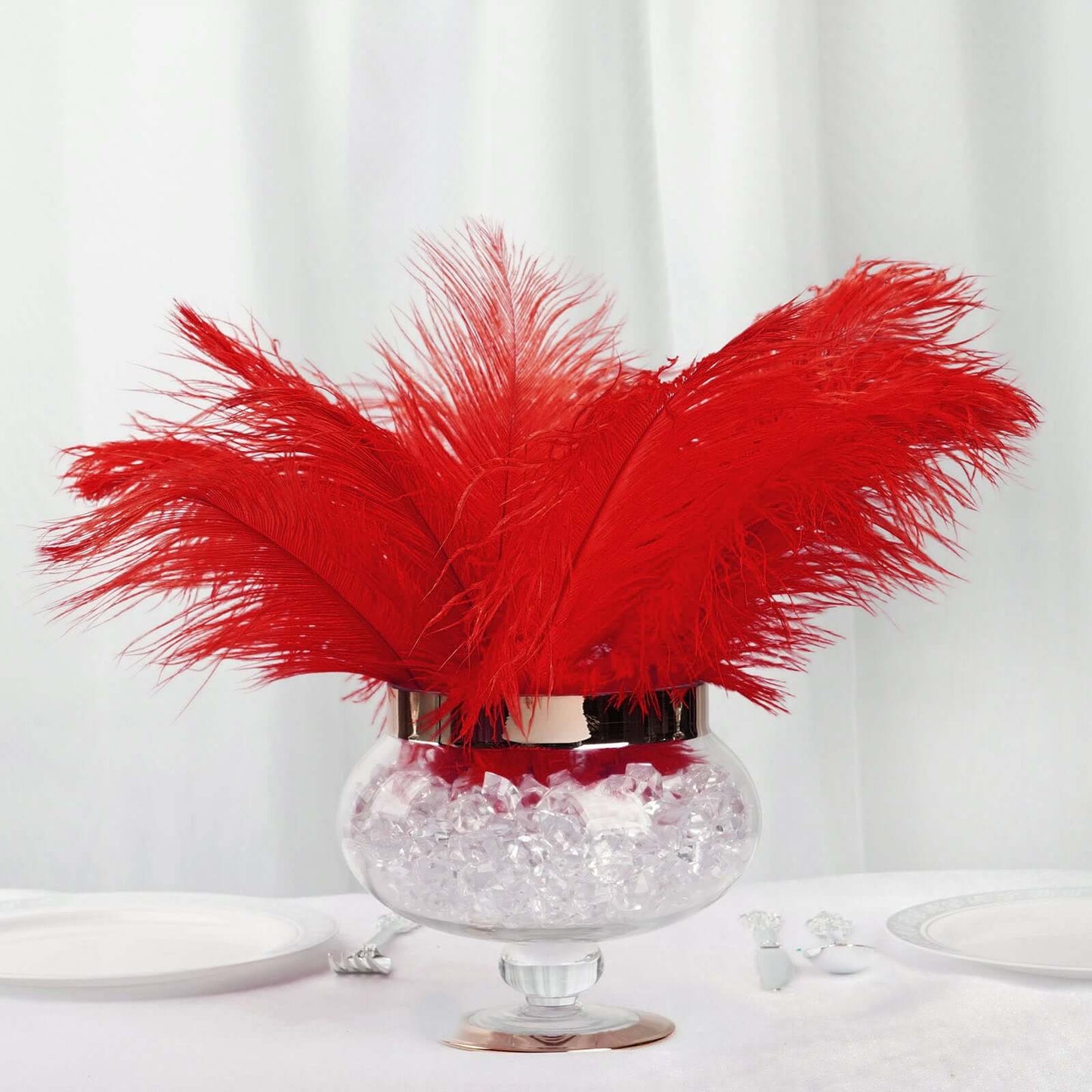 12 Pack 13" - 15" Red Natural Plume Real Ostrich Feathers, DIY Centerpiece Fillers - Linen Luxes