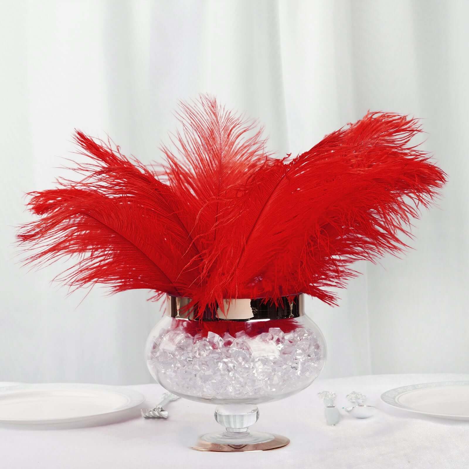 12 Pack 13" - 15" Red Natural Plume Real Ostrich Feathers, DIY Centerpiece Fillers - Linen Luxes